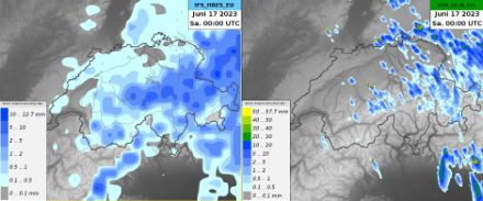 Modellvorhersagen (links IFS, rechts COSMO 2E) der 24h-Niederschlagssumme für den Freitag 16.06.2023.