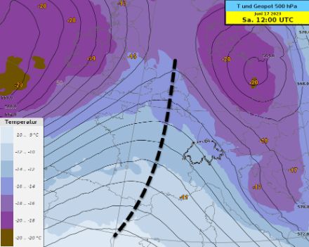 Temperatur [°C] und Isohypsen (schwarze Linien) auf 500 hPa am Samstag um 14 Uhr, Modell IFS. Der Höhenrücken bestimmt das Wetter über der Schweiz. Die Rückenachse (schwarz gestrichelte Linie) liegt westlich der Schweiz, die Subsidenz (Absinkbewegung) hemmt die Konvektion. 