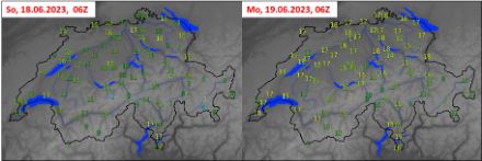 Prognose der Nachtminima des Modells MOS-MIX für die Nacht auf Sonntag (links) und für die Nacht auf Montag (rechts).
