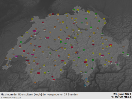Übersicht über die maximalen Böenspitzen in der Schweiz gestern Donnerstag.