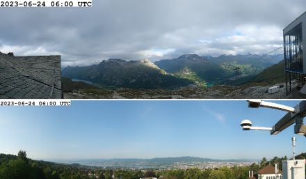 MeteoSchweiz Wetterkamera Murtel bei der Mittelstation der Corvatschbahn im Oberengadin (oben) und Zürich (unten) von heute Morgen um 6 UTC.