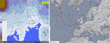 Links: Höhenwetterkarte 500 hPa, ca. 5700 m von heute um 00 UTC. Dargestellt ist die Temperatur (Farbflächen) und das Geopotential (schwarze Linien). Rechts: Bodenwetterkarte mit Fronten von heute 00 UTC.