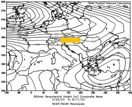 Mittlere Verteilung des Geopotentials auf 850 hPa (ca. 1500 M. ü. M.) in Europa zwischen dem 25. Mai 2023 und dem 11. Juni 2023.  Über den Britischen Inseln sind hohe Geopotentiale auszumachen. Auch Mitteleuropa weist hohe Geopotentiale auf, welche im Alpenraum zu einer Ostströmung (oranger Pfeil) führen.