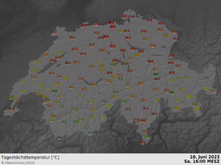 Gemessene Tageshöchsttemperaturen am 10.06.2023