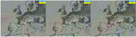 Karten mit Vorhersage von Geopotential (schwarze Linien) und Wind (farbige Windpfeile) in rund 5.5 km Höhe (500 hPa) für Freitag 16., Sonntag 18. Und Dienstag 20. Juni. Die Strömung in der Höhe dreht von Nordwest auf Südwest.