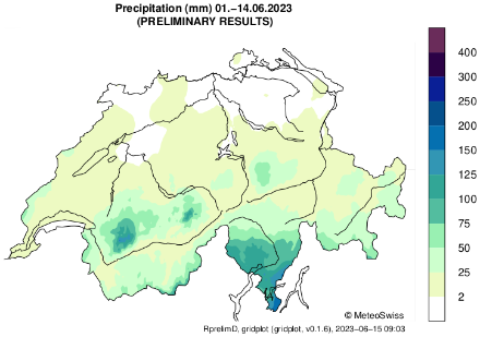 Karte mit Niederschlagssumme in der Schweiz vom 1. bis 14. Juni 2023. 