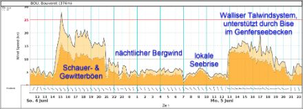 Böenspitzen (dicke schwarze Linie) und mittlere Windgeschwindigkeit (dünne, gestrichelte Linie, orange hervorgehoben) in Le Bouveret (374m) am oberen Ende des Genfersees. Die Windrichtung ist als «Windfieder» oberhalb der Zeitachse visualisiert, wobei die Orientierung der Fieder die Windrichtung auf der Kompassrose angibt. 