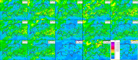 3-stündige Böenspitzen am Mittwochnachmittag von 12 bis 15 UTC. Prognosen des COSMO-1E Ensembles (obere und mittlere Reihe, alle Members des Ensembles) sowie der Ensemble Mean und gröber aufgelöste deterministische Modelle (untere Reihe: COSMO-1E und -2E Kontrolllauf, deterministischer Modelllauf des ECMWF und deterministisches ICON-EU Modell des Deutschen Wetterdienstes). 