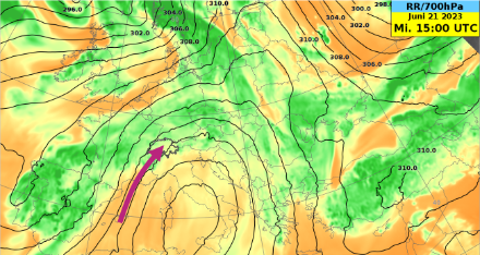 Geopotential [gpdm ]sowie Luftfeuchtigkeit [%] auf 700 hPa (ca. 3000 M. ü. M.) heute, den 21. Juni 2023, um 15 UTC. Mit südwestlichen Höhenwinde (lila Pfeil) fliesst recht feuchte Luft zur Schweiz.