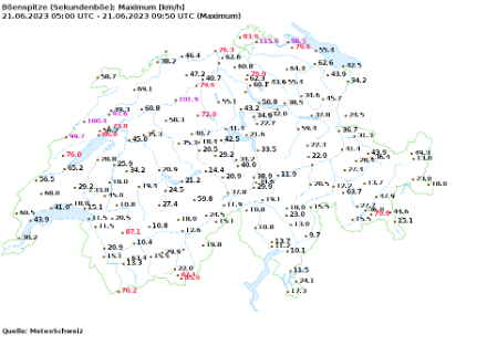 Böenspitzen [km/h] in der Schweiz heute, den 21. Juni 2023, zwischen 05 und 09.50 UTC. Im Jura und Mittelland erreichten die Böen vereinzelt mehr als 100 km/h.