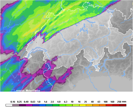 6-stündige Niederschlagssummen [mm] gemäss Radar heute, den 21. Juni 2023, zwischen  5 und 11 UTC. Besonders im Jura und Mittelland sind rund 10 mm gefallen.