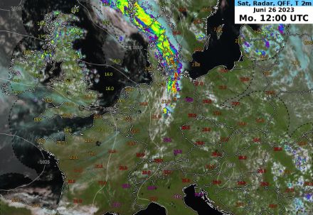 Satelliten- und Radarbild mit Temperaturmesswerten (Zahlen) und Bodendruckfeld (Linien) um 14 Uhr.  Ein Tief über der Nordsee (knapp oberhalb des Bildausschnittes) steuert eine Kaltfront nach Mitteleuropa. Vom Süden Norwegens bis in die Mitte von Deutschland ist diese gut zu erkennen dank den Schauern und Gewittern (farbiges Band). Weiter im Süden ist die Front dagegen kaum mehr zu erkennen.  Ein Hoch, welches sich vom Atlantik bis zu den Alpen erstreckt, schwächt die Front stark ab. Vor allem der Temperaturrückgang über Frankreich gibt Hinweise, wo sich die Front ungefähr befindet.