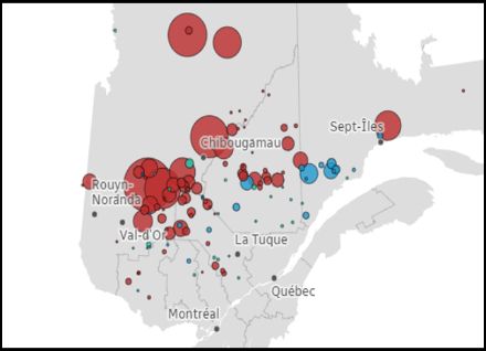 Aktuelle Waldbrende in Quebec, grösse mithilfe von roten Kreisen dargestellt