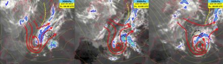 Vorhersagen des Geopotentials (gelbe Linien) auf 300 hPa des Globalmodells (IFS), sowie berechnete Wolkentop-Temperatur (graue, weisse, und bläuliche Flächen) von 30.06.2023, 6 UTC bis 30.06.2023, 18 UTC. Die Trogachse im Norden (gelb) bewegt sich schneller ostwärts, als das abgeschlossene Höhentief (rote Strömungspfeile).