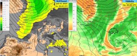 Bodendruckfeld und –tendenz (links) und 700 hPa Geopotential und relative Luftfeuchtigkeit (rechts) des IFS-Modells am 01.07.2023, 0 UTC.