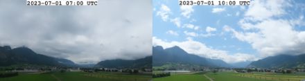 MeteoSchweiz Webcam in Landquart mit Blick nach Süden. Die um 7 UTC noch kompakte Staubewölkung, hat sich immerhin bis 10 UTC deutlich aufgelockert.