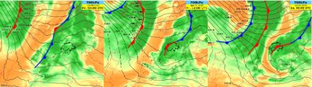 Vorhersagen des Geopotentials (schwarze Linien) und der relativen Luftfeuchtigkeit (farbige Flächen) auf 700 hPa des Globalmodells (IFS) vom 30.06.2023, 0 UTC bis am 01.07.2023, 0 UTC. Zusätzlich eingezeichnet die Bodenfronten. Die Lücke zwischen den grünen Flächen wird immer kleiner.