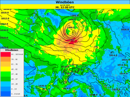 IFS-Vorhersage des ECMWF für den Mittwoch, 05.07.2023 um 14:00 Uhr. Eingefärbt die höchsten Windböen der letzten 3 Stunden, Bodendruck als schwarze Isolinien (Isobaren).