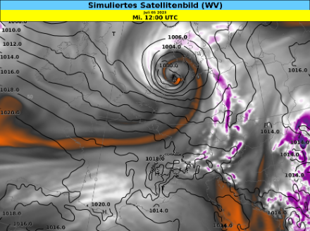 IFS-Vorhersage des ECMWF für den Mittwoch, 05.07.2023 um 14:00 Uhr. Eingefärbt das simulierte Wasserdampf-Satellitenbild, Bodendruck als schwarze Isolinien (Isobaren). Schön zu erkennen ist die ausgeprägte Wolkenspirale um den Tiefdruckkern, wie es bei Tiefdruckgebieten im besten Reifestadium üblich ist.