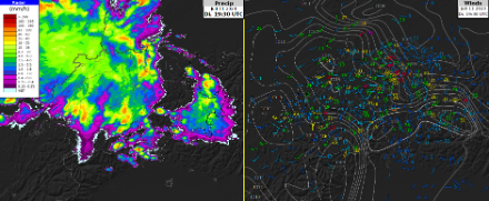 Gewittersituation am Dienstagabend um 21.30 Uhr Lokalzeit. Links Niederschlagsradar, rechts Windfieder und Böenspitzen sowie Isobaren. Die Böenfront befand sich zu diesem Zeitpunkt über der Region Zürich, erkennbar an den eng zusammenliegenden Isobaren. 