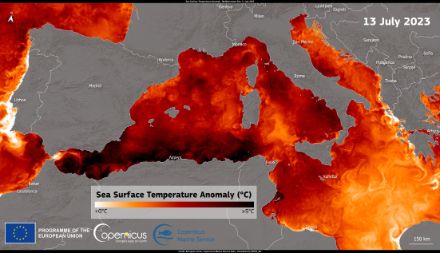 Anomalie der Meeresoberflächentemperatur (SST) vom 13.7.2023.