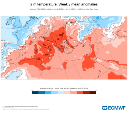 Anomalie der Temperatur auf 2 Metern gegenüber dem langjährigen Mittel zwischen dem 17. und dem 24. Juli 2023.