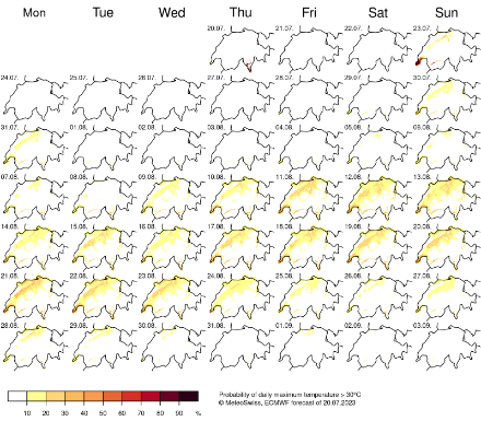 Wahrscheinlichkeit für Tageshöchsttemperaturen über 30 Grad gemäss dem Wettermodell IFS-ENS. Ab etwa dem 10. August steigt im Flachland die Wahrscheinlichkeit für mehr als 30 Grad wieder leicht an.