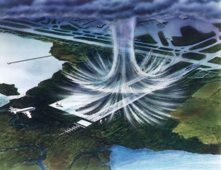 Illustration eines Microburst. Ein Merkmal ist das radiale auseinanderströmen der Luft.