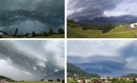 Bilder der Superzelle. Links oben bei Oetwil am See, links unten bei Sevelen, rechts oben von der Gamsalp, rechts unten bei Oberschan.