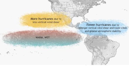 Typische Einflüsse von El-Niño auf die Hurrikanaktivität im Pazifik (Zunahme) und Atlantik (Abnahme), hauptsächlich aufgrund von schwächerer/stärkerer Windscherung. (Gerry Bell). 