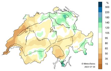 Schweizerkarte zur Niederschlagsverteilung im Juli.