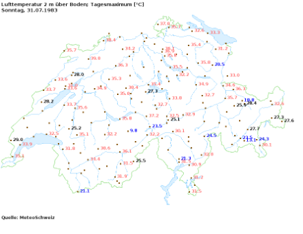 Tageshöchsttemperatur in der Schweiz vom 31.Juli 1983.