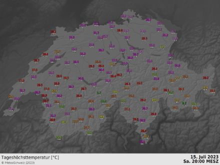 Höchsttemperatur am 15. Juli 2023 an ausgewählten SwissMetNet-Stationen. Quelle: MeteoSchweiz