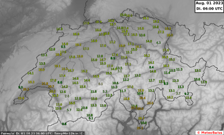 12-stündige Tiefsttemperaturen zwischen 18 und heute 06 UTC.