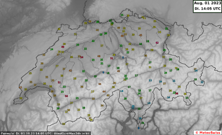 Böenspitzen in Knoten bis Redaktionsschluss. Die ausgegebene Warnung der Stufe 2 wurde jedoch nur punktuell in den leicht erhöhten Lagen und am Säntis erfüllt.