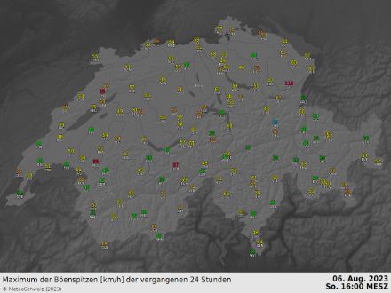 Abbildung 3: Gemessene maximale Böenspitzen der letzten 24 Stunden bis Redaktionsschluss.