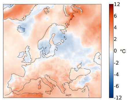 Räumliches Muster über Europa der Anomalie der Monatsmitteltemperatur für Juli 2023 im Vergleich zur Norm 1991-2020.