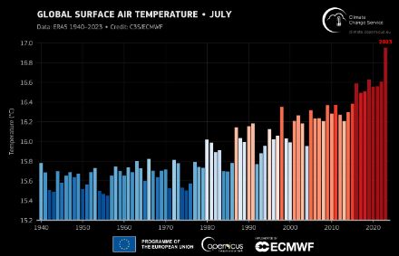 Die Grafik zeigt die Entwicklung der globalen Mitteltemperatur für den Monat Juli von 1940 bis 2023. Die Kurve zeigt einen klaren Anstieg seit 1940 von etwa 15,6 °C auf etwa 16,6 °C im Mittel der letzten Jahre. Der aktuelle Juli 2023 erreicht mit fast 17 °C einen neuen Höchstwert.