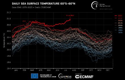 Die Grafik zeigt die Entwicklung der täglich gemittelten Meeresoberflächentemperatur zwischen 60°S und 60°N Breite für jedes Jahr seit 1970. Die Jahresreihen sind je nach Dekade anders eingefärbt: die früheren Dekaden bläulich, die jüngsten mit einem schwachen rot. Das aktuelle Jahr 2023 und das bisherige Rekordjahr 2016 sind leuchtend rot hervorgehoben. Die Werte der letzten Wochen bis 31.7.2023 lagen deutlich über dem bisherigen Rekordjahr und überschritten sogar die Maximalwerte vom März 2016 knapp.