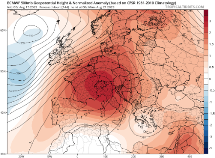 Standardabweichung des vom ECMWF-Modell prognostizierten Geopotentials am Montag, 21.08.2023. Die Schweiz liegt mittendrin in der markanten positiven Abweichung (rot eingefärbt). Quelle: www.tropicaltidbits.com