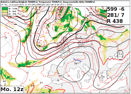ECMWF-Prognose für den Montag, 21.08.2023 um 14:00 Uhr mit der Höhenwetterkarte im 500-hPa-Niveau (ca. 5.5 km Höhe). Über dem südlichen Mitteleuropa baut sich ein abgeschlossenes und mächtiges Hoch auf. Das Geopotential läge bei 5990 gpm (erste Zahl im Kasten rechts oben). Dies wäre ein aussergewöhnlich hoher Wert (Erklärung weiter unten). Quelle: ECMWF/MeteoSchweiz