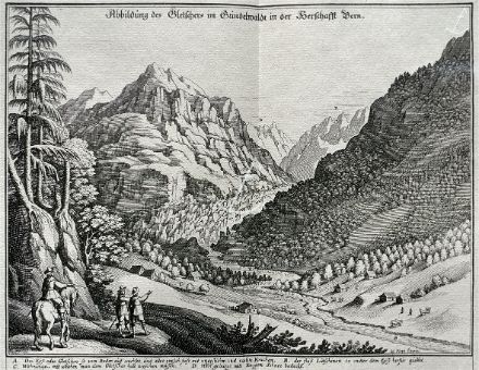 Erste bekannte Bilddarstellung des Unteren Grindelwaldgletschers (vor 1642) von Joseph Plepp/Matthäus Merian.