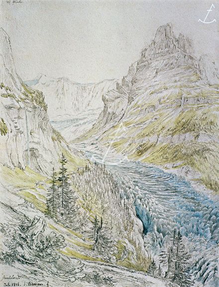 Der Untere Grindelwaldgletscher mit seinen damaligen Séracs (Türmen aus Gletschereis), gezeichnet im Juli 1826 von Samuel Birmann auf dem Weg zur Bäregg.