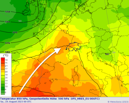 Lufttemperatur auf 850 hPa (ca. 1500 m ü.M.) als Farbflächen und das Geopotential auf 500 hPa (schwarze Linien) für nächsten Samstag um 2 Uhr. Mit dem weissen Pfeil ist die Herkunft der sehr warmen Luftmasse schematisch dargestellt).