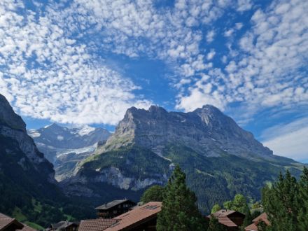 Altocumuli über dem Eiger (rechts) und den Fiescherhörnern (links im Hintergrund) dekorieren das eindrückliche Panorama bei Grindelwald. 