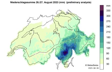 2-Tages Niederschlagssummen von Samstagmorgen (26. August 2023) bis Montagmorgen (28. August 2023).