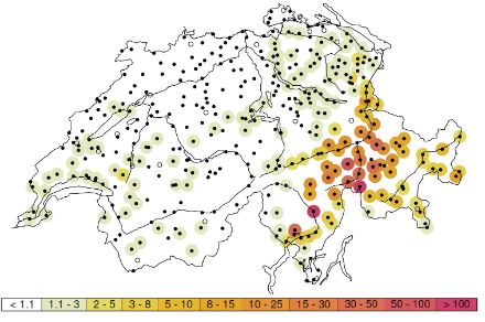 Wiederkehrperioden in Jahren der 2-Tages Niederschlagssummen von Samstagmorgen (26. August 2023) bis Montagmorgen (28. August 2023).