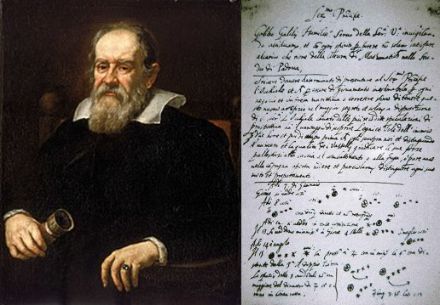 Bildnis von Galileo Galilei (links) und ein Auszug seiner Aufzeichnungen zur Entdeckung der Jupitermonde. 