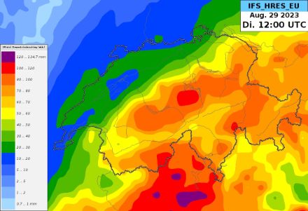 Niederschlagsvorhersage vom ECMWF von Sonntagmittag bis Dienstagmittag.
