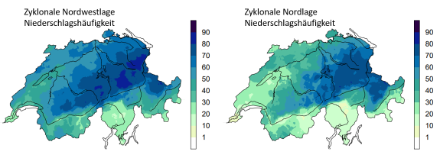 Niederschlagshäufigkeit [%] bei Tagessummen des Niederschlags von mindestens 1 mm aller zyklonalen Nordwestlagen im Sommer (142 Fälle, Bild links) und aller zyklonalen Nordlagen im Sommer (47 Fälle, Bild rechts) in der Zeitperiode 1961-2010. Während die Alpensüdseite kaum 10 % Niederschlagshäufigkeit aufweist,  bringen am zentralen und östlichen Alpennordhang 70 bis 80 % aller Tage mit Nordwest- oder Nordlagen mehr als 1 mm Niederschlag. Der Gotthard zeichnet sich dabei als markante Wetterscheide aus.